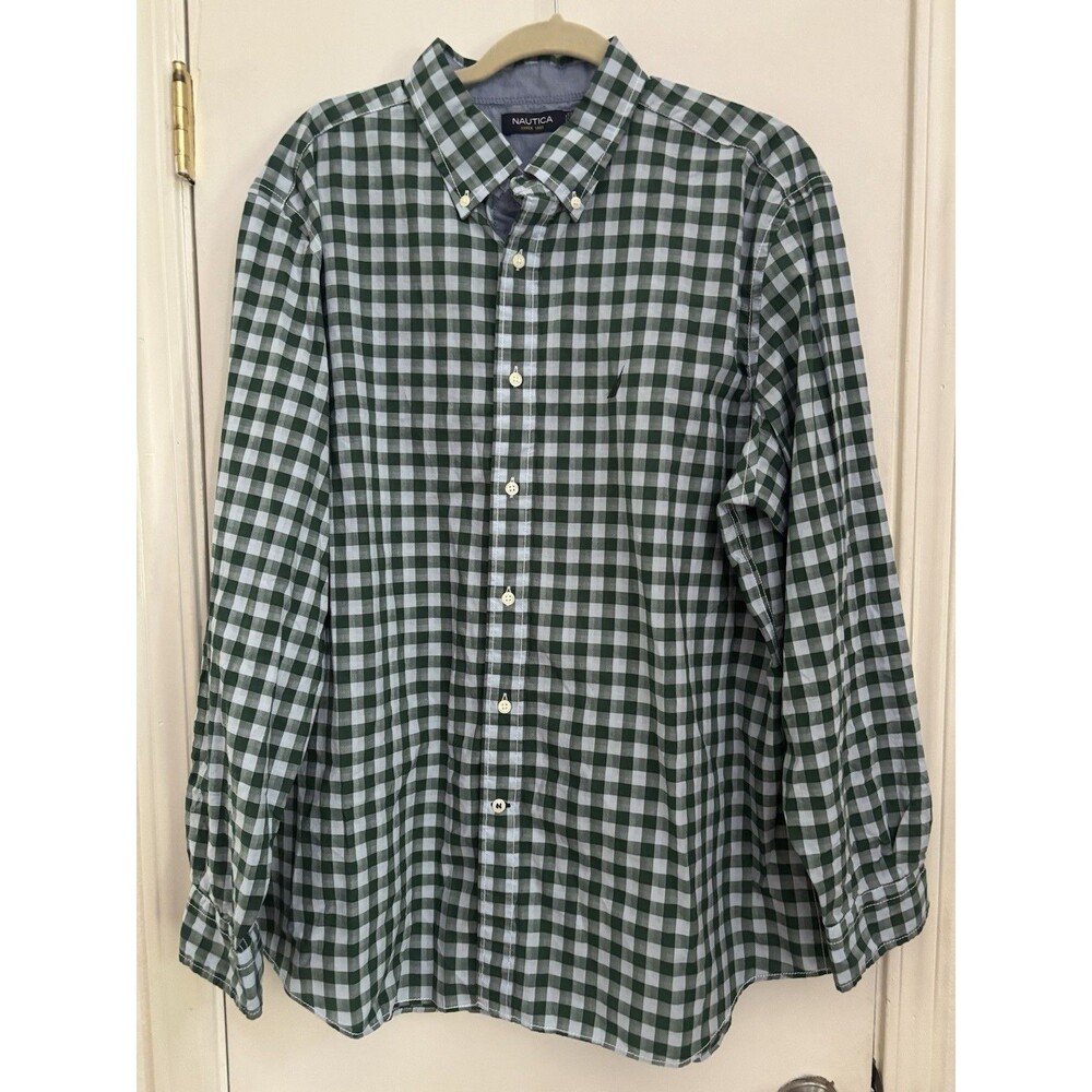 Nautica Gingham Check Button Down Shirt Men's Size L Green Light Blue